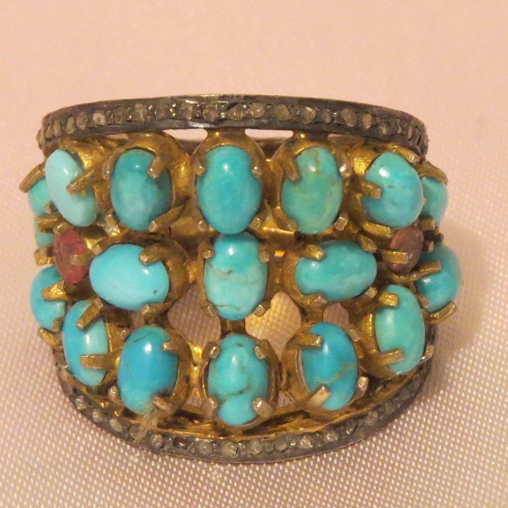 14k Diamond -Turquoise Sterling Silver Ring